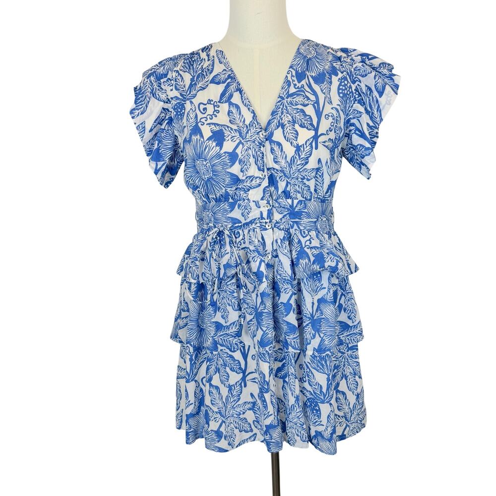 Ro's Garden Cotton Button-Down Mini Shirt Dress Ruffled Blue/White M